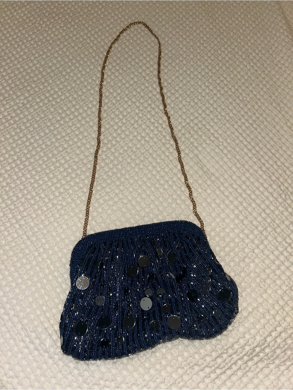 Anthropologie mirror beaded bag Navy Sequin Snap Closure Gold Convertible Chain - Picture 2 of 4